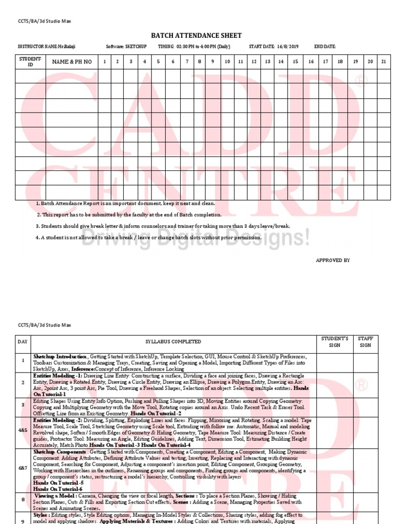SketchUp Batch Attendance Sheet | PDF | Sketch Up | Texture Mapping