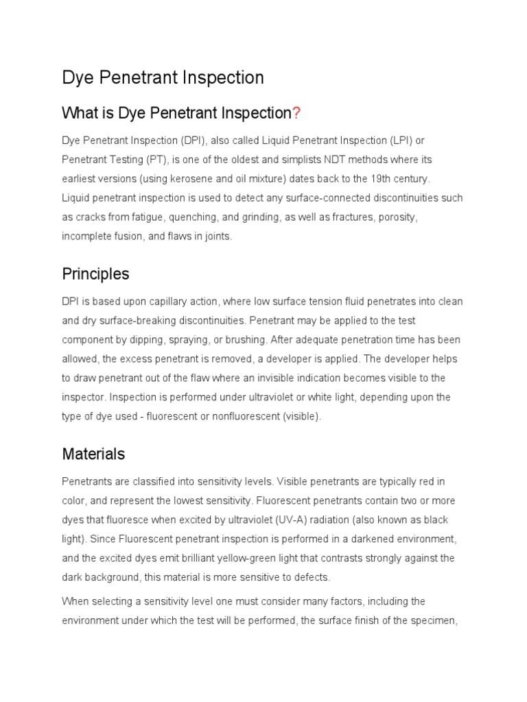 Dye Penetrant Inspection Overview | PDF | Mechanical Engineering ...