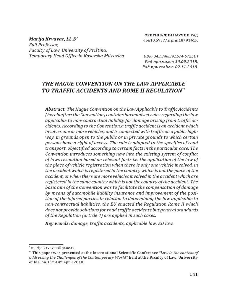 The Hague Convention On The Law Applicable To Traffic Accidents and