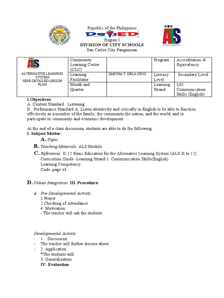 ALS Semi-Detailed Lesson Plan | PDF