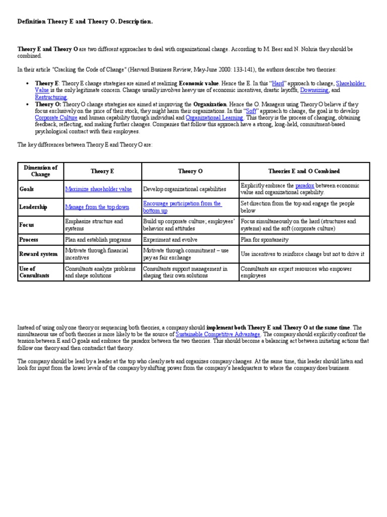Definition Theory E and Theory O PDF Organizational Culture