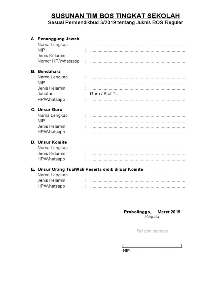 Blanko Data Tim BOS Dan Pakta Integritas 2019 PDF