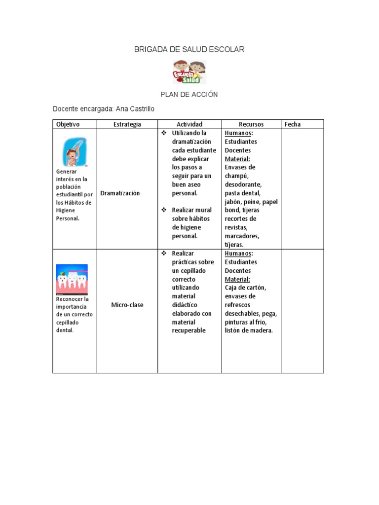 Plan de Acción Brigada de Salud Escolar | PDF | Salud pública | Salud y ...