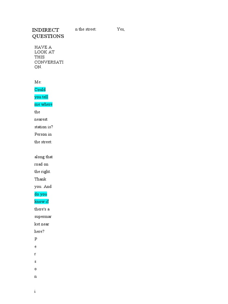 Indirect Questions: N The Street: Yes | PDF