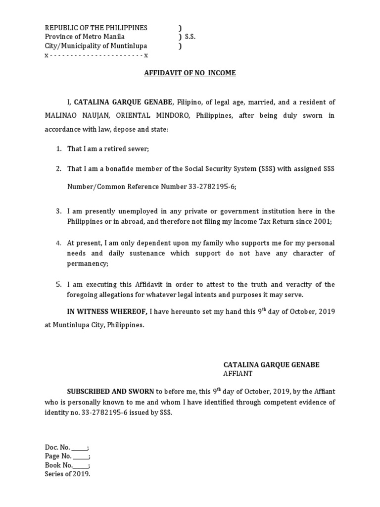 AFFIDAVIT OF NO INCOME Genabe | PDF