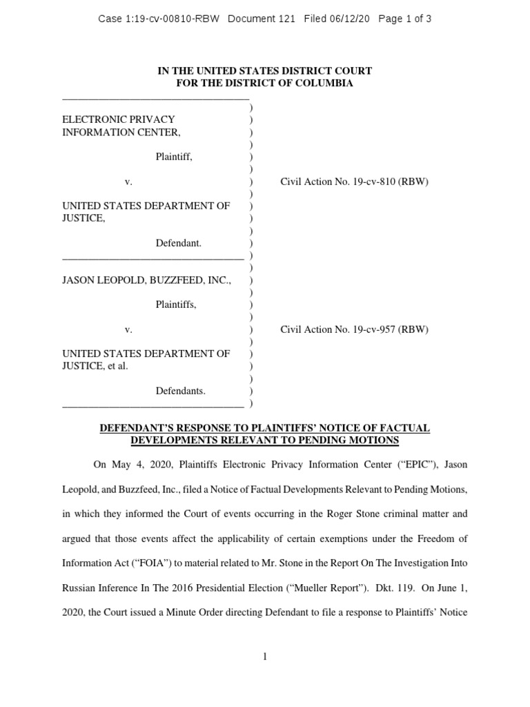 DOJ Response on FOIA and Mueller Report | PDF | Freedom Of Information ...