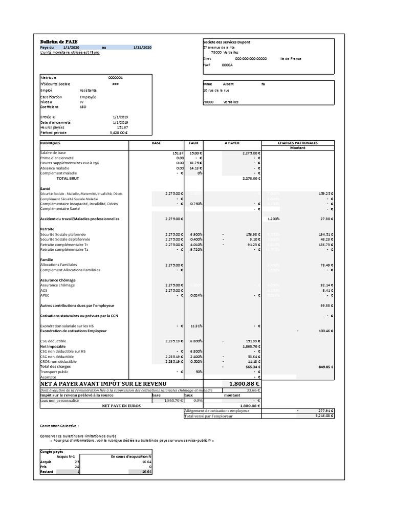 Bulletin De Paie Excel Avec Formules 2020 Copie 2 Pdf Interim Travail Assurance