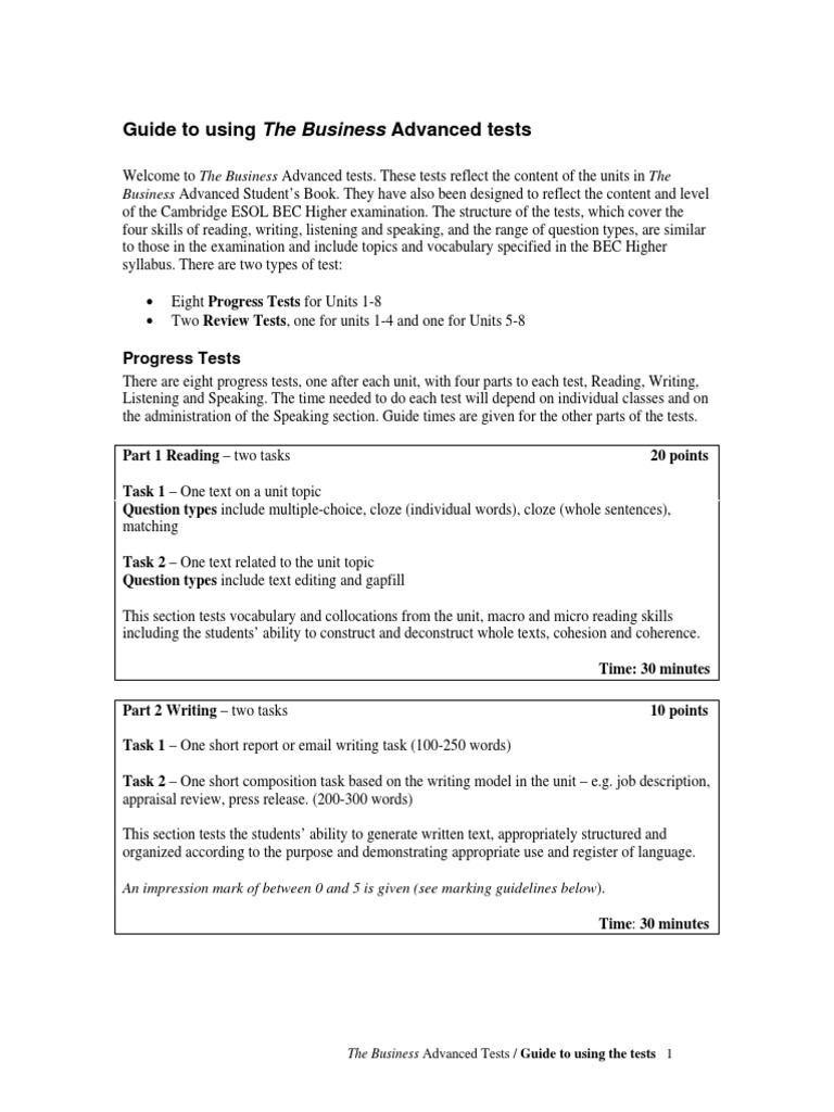 Business Advanced Test Guide | PDF | Question | Test (Assessment)