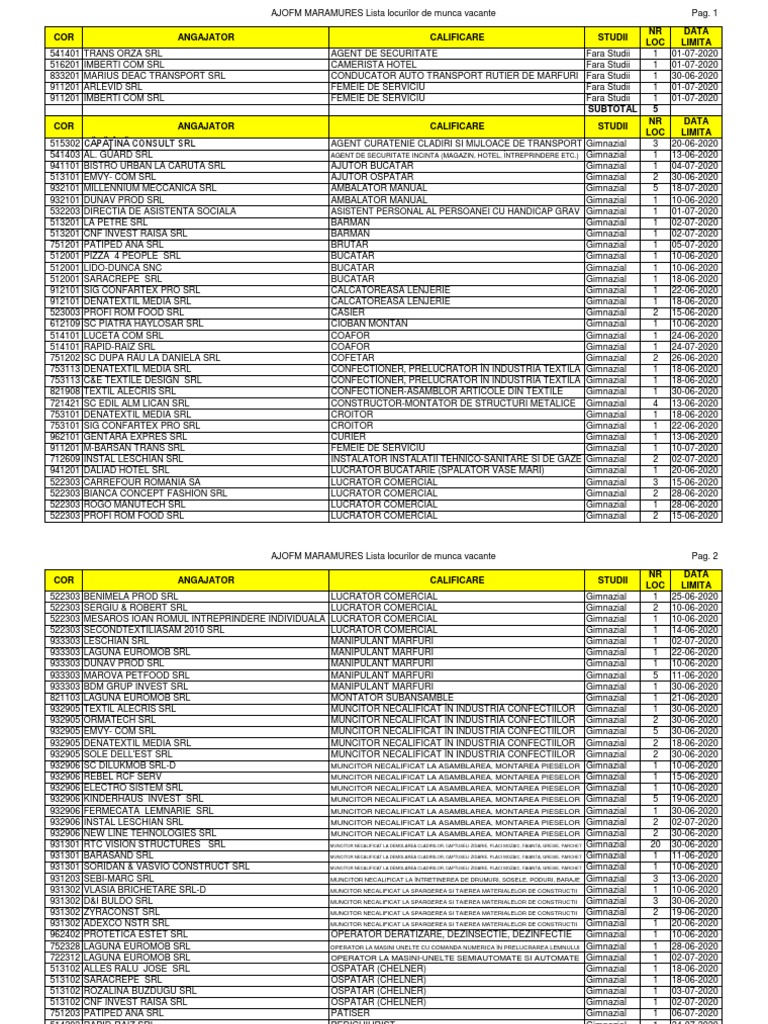 COR Angajator Calificare Studii NR LOC Data Limita: Agent de Securitate ...
