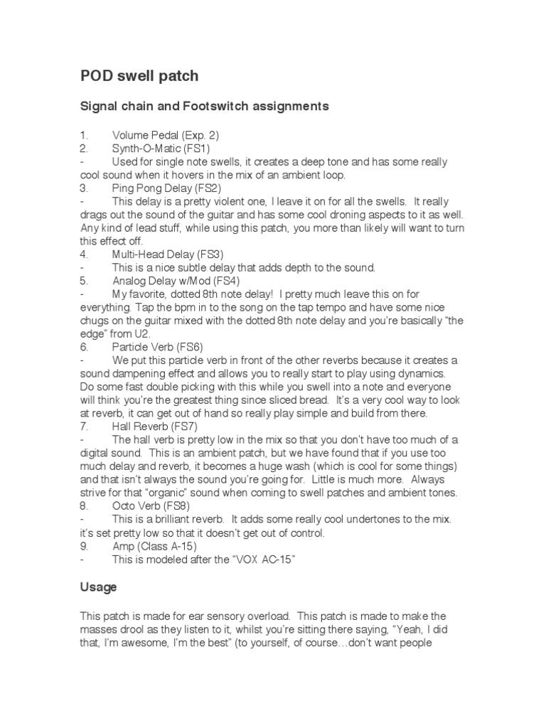 POD Swell Patch: Signal Chain and Footswitch Assignments | PDF | Audio ...