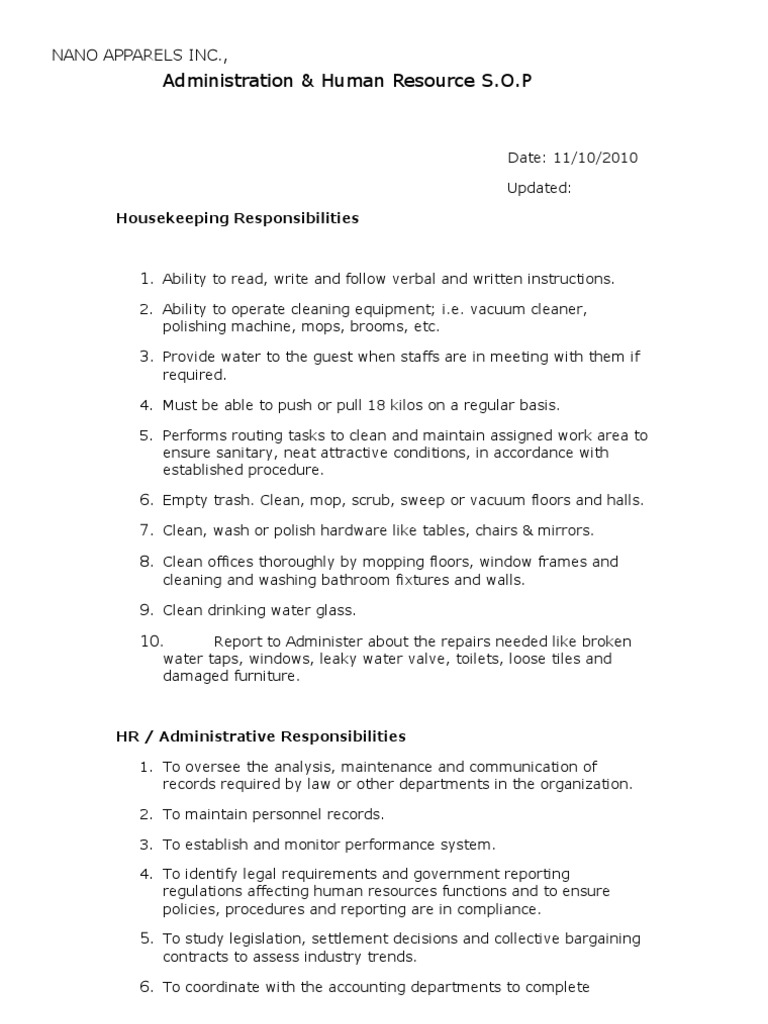 ADMIN & Housekeeping SOP Housekeeping Human Resources
