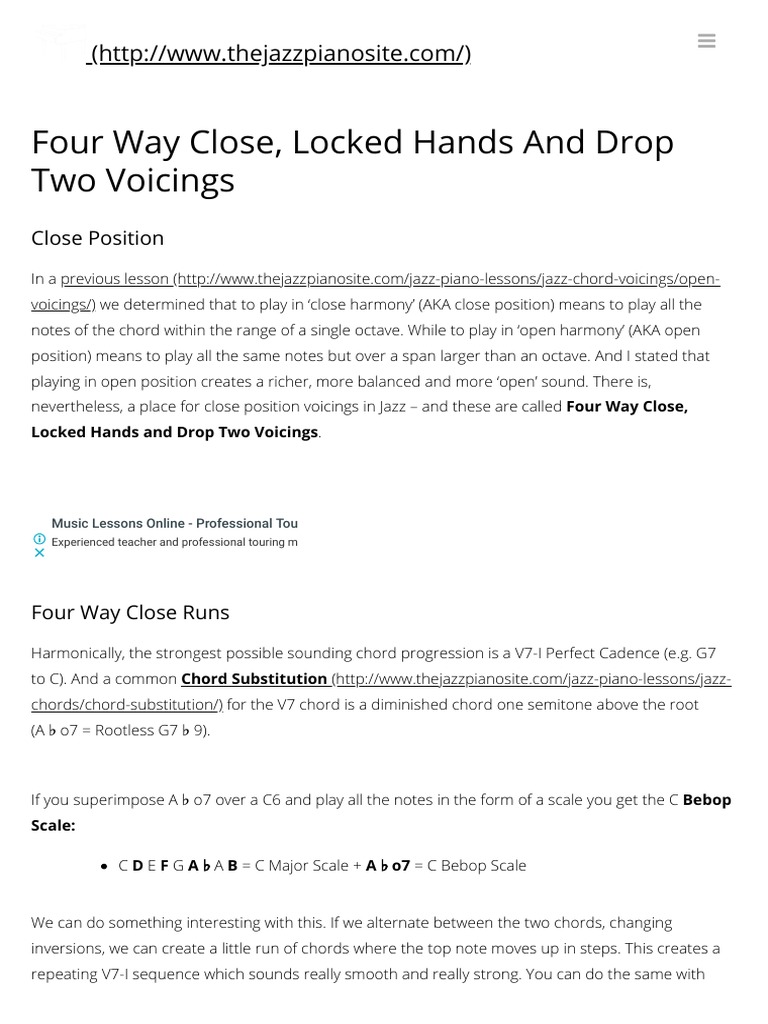 Four Way Close, Locked Hands and Drop Two Voicings PDF Chord (Music