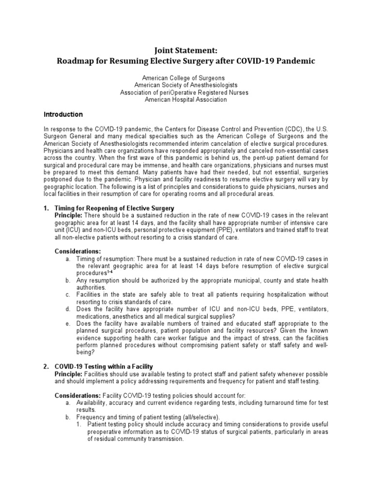 Elective Surgery Resumption Guidelines | PDF | Surgery | Patient