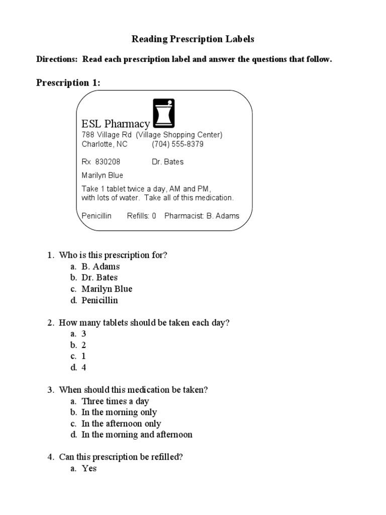 ESL Pharmacy Reading Prescription Labels PDF