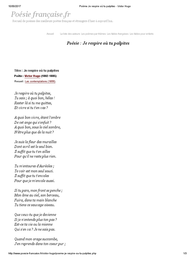 Je Respire Ou Tu Palpites Victor Hugo Poème Je Respire Où Tu Palpites - Victor Hugo | PDF | Victor Hugo | Poésie