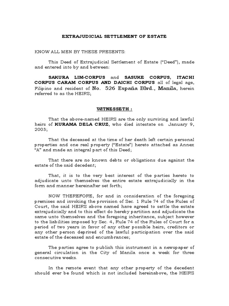 No. 526 España BLVD., Manila: Extrajudicial Settlement of Estate | PDF ...