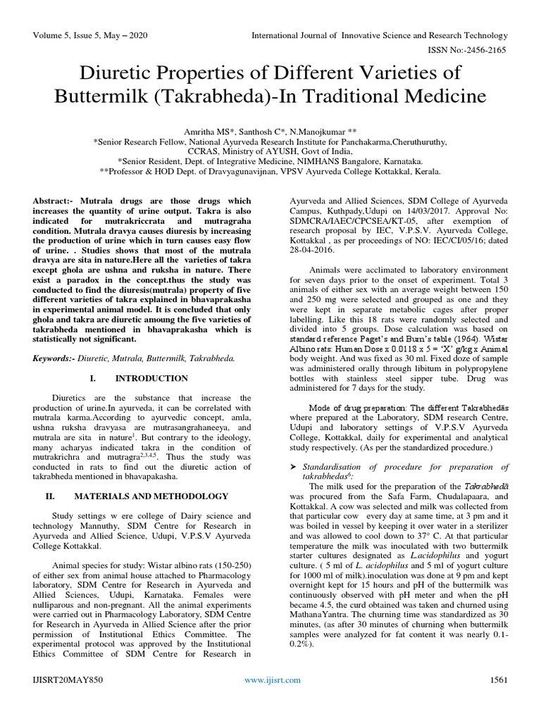 Diuretic Properties of Different Varieties of Buttermilk (Takrabheda