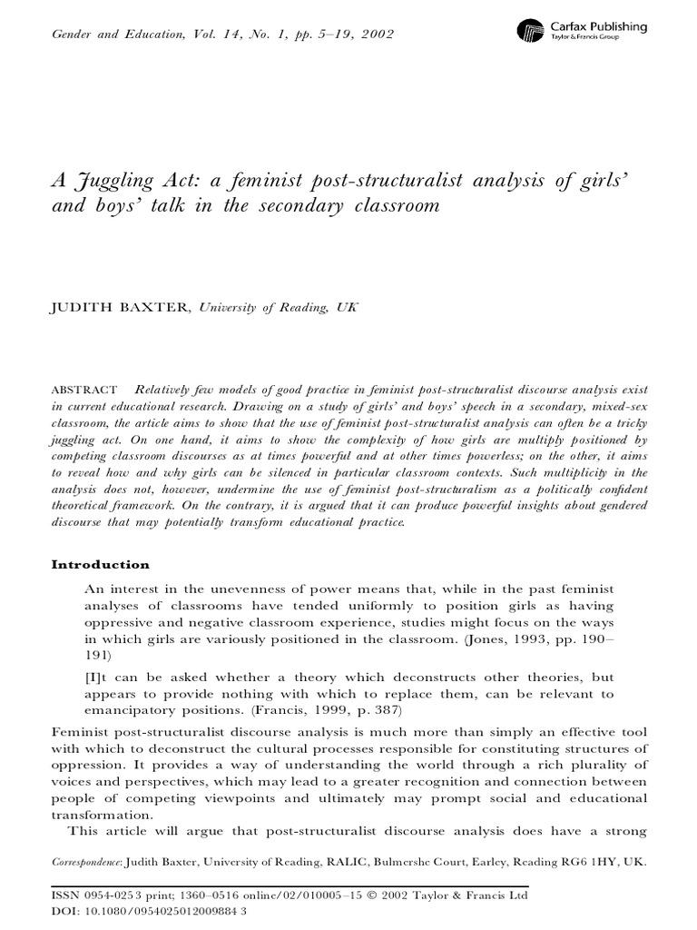 A Juggling Act A Feminist PostStructuralist Analysis of Girls' and