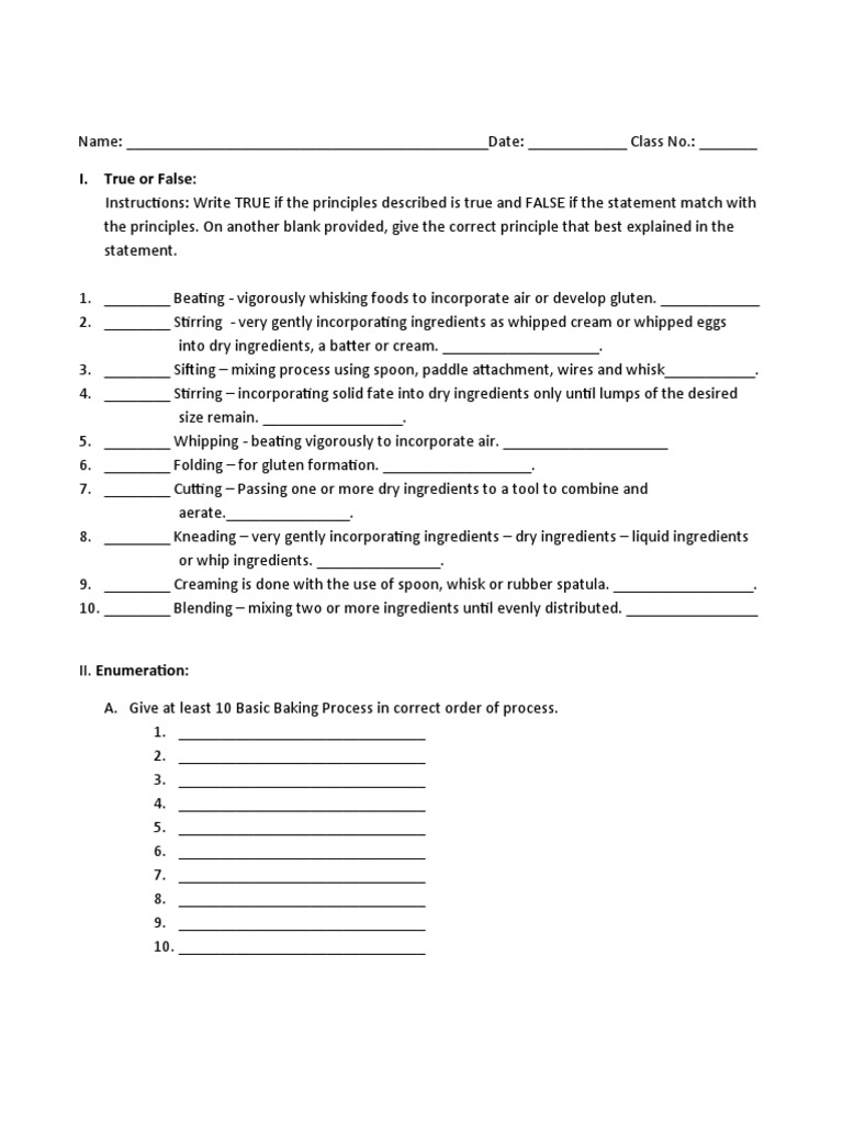 Baking Techniques True False Quiz Pdf