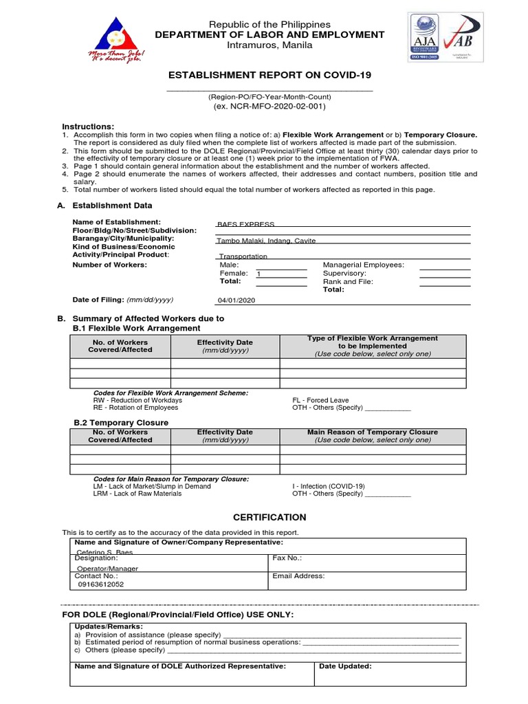 COVID-19 Establishment Impact Report | PDF | Adulthood | Labor