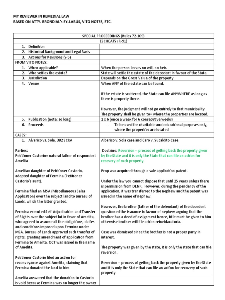 MY REVIEWER IN REMEDIAL LAW Escheat PDF Property Patent