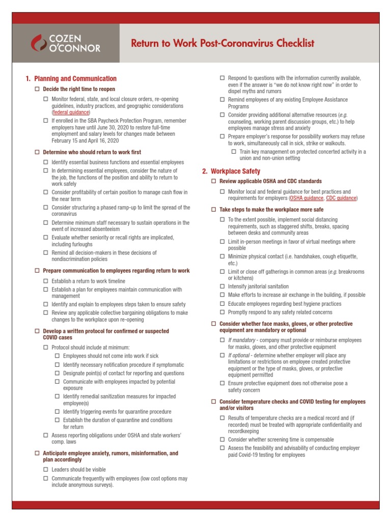 Return to Work COVID-19 Checklist | PDF | Sick Leave | Family And ...