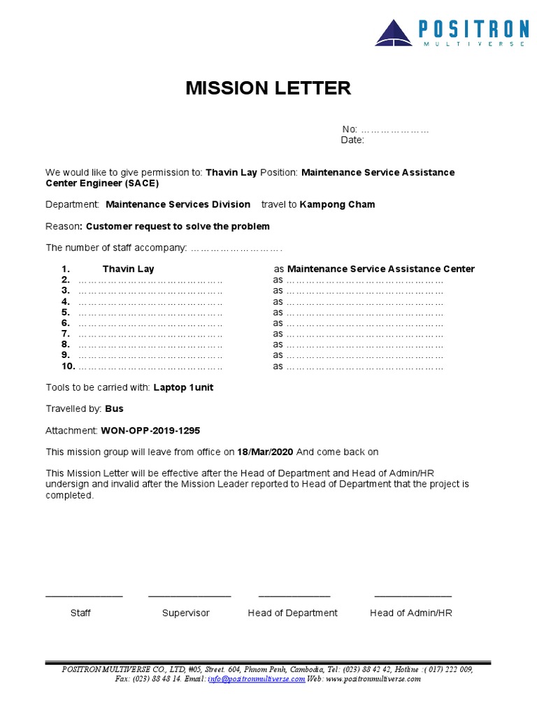 Mission Order for Kampong Cham Trip | PDF