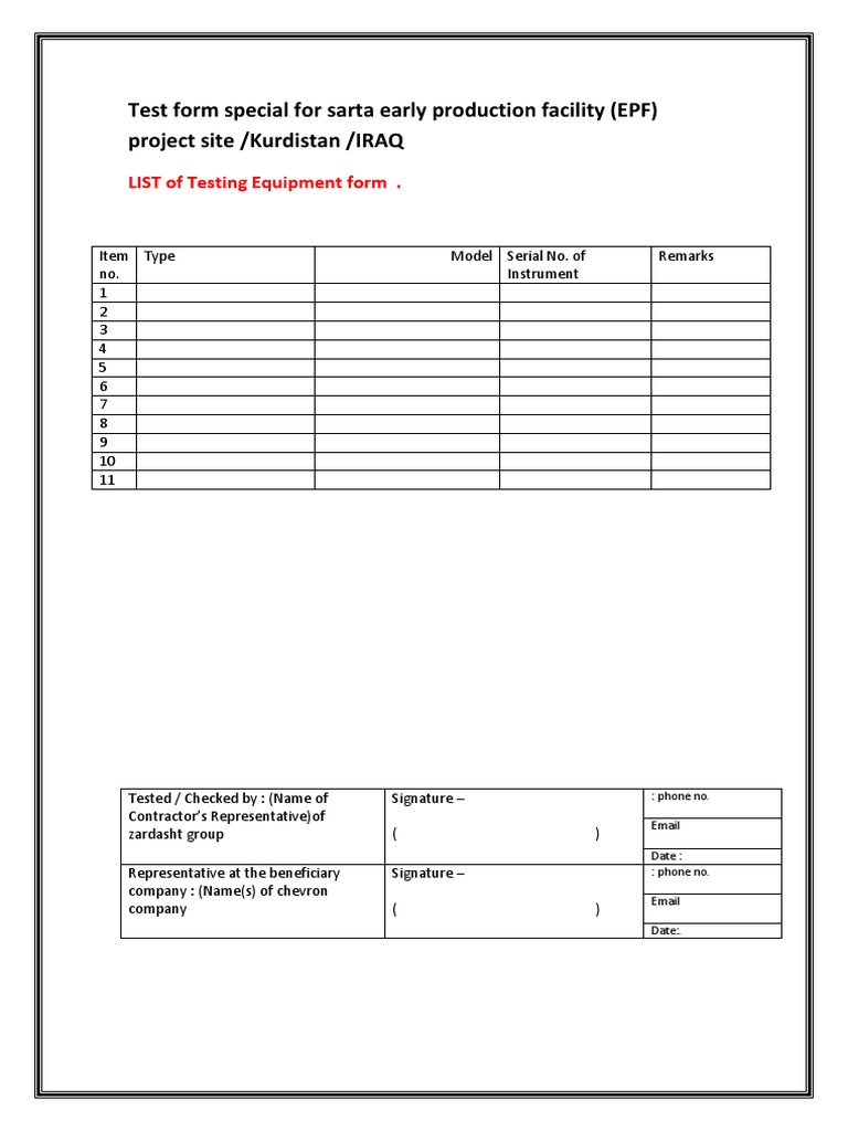 Testing Equipment List for EPF Kurdistan | PDF