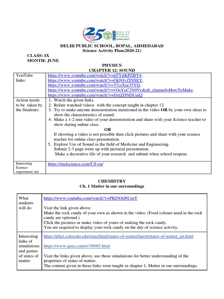 DPS Bhopal Class IX Science Activity Plan | PDF | Science Education ...