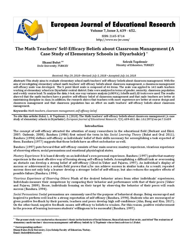 Math Teachers' Self-Efficacy in Management | PDF | Self Efficacy ...