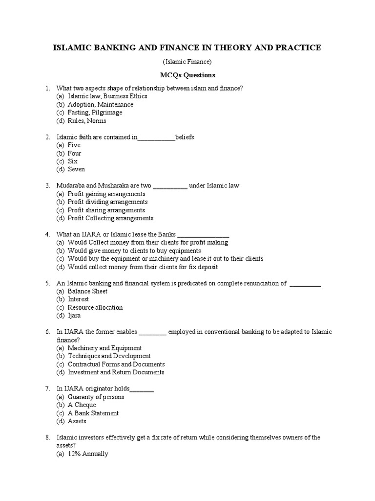 Islamic Banking MCQs and Answers | PDF | Islamic Banking And Finance ...