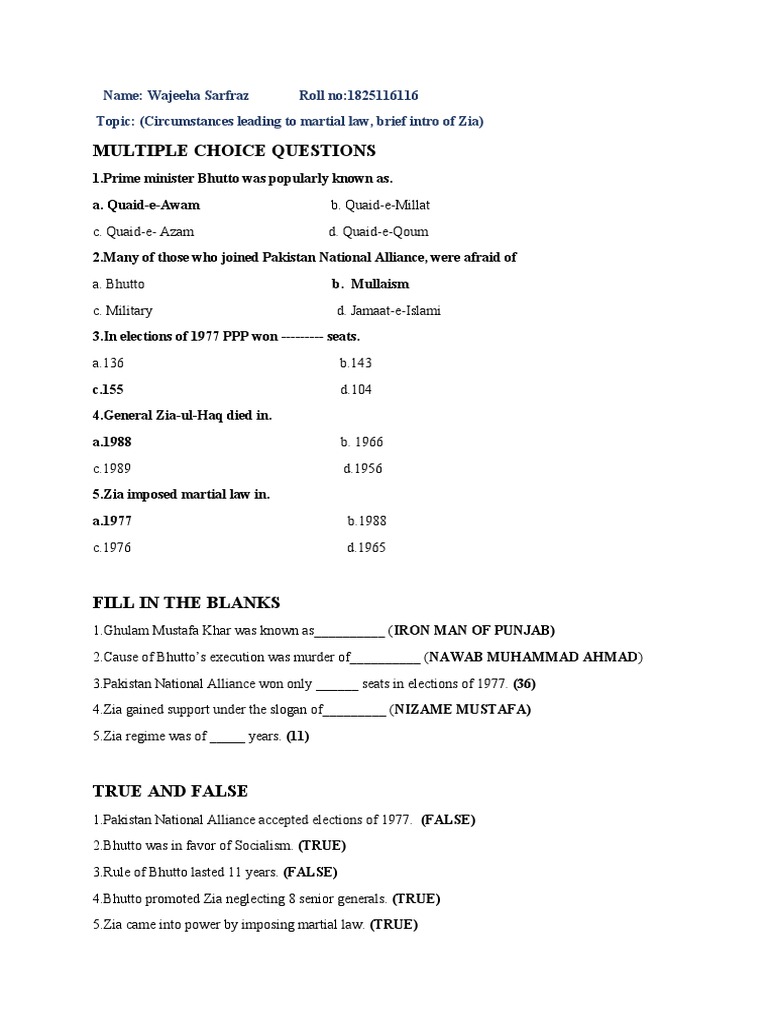 Multiple Choice Questions | PDF | Muhammad Zia Ul Haq | Zulfikar Ali Bhutto