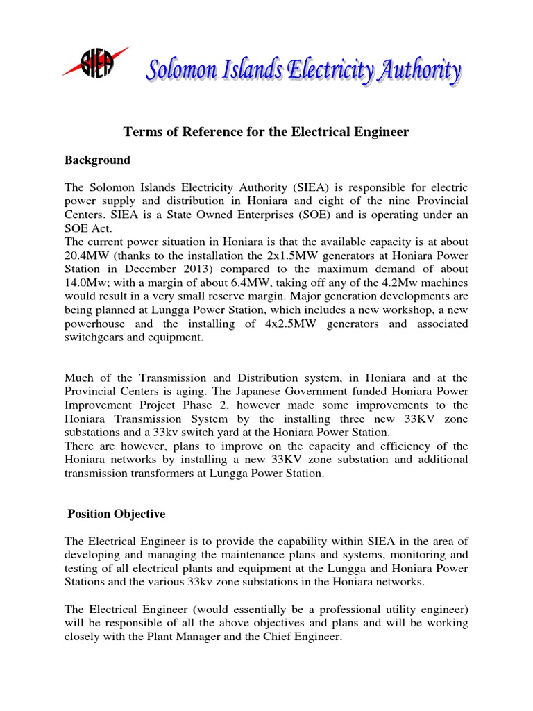 TOR - Electrical Engineer | PDF | Power Station | Electric Power ...