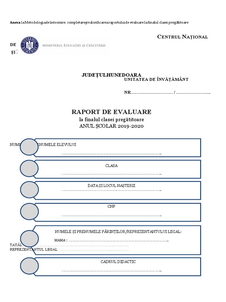 Raport de Evaluare Clasa Pregatitoare 2019 2020 | PDF