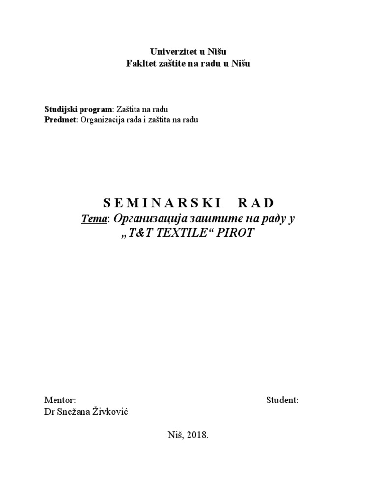 Organizacija Rada I Zaštita Na Radu | PDF