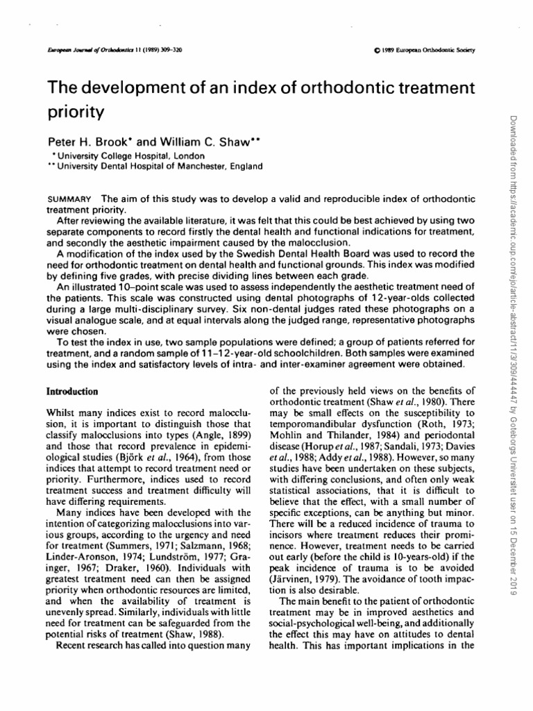 Orthodontic Treatment Priority Index | PDF | Orthodontics | Human Tooth