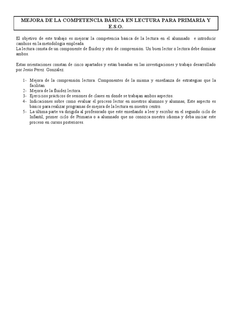 Mejora de La Competencia Básica en Lectura para Primaria y e | PDF ...