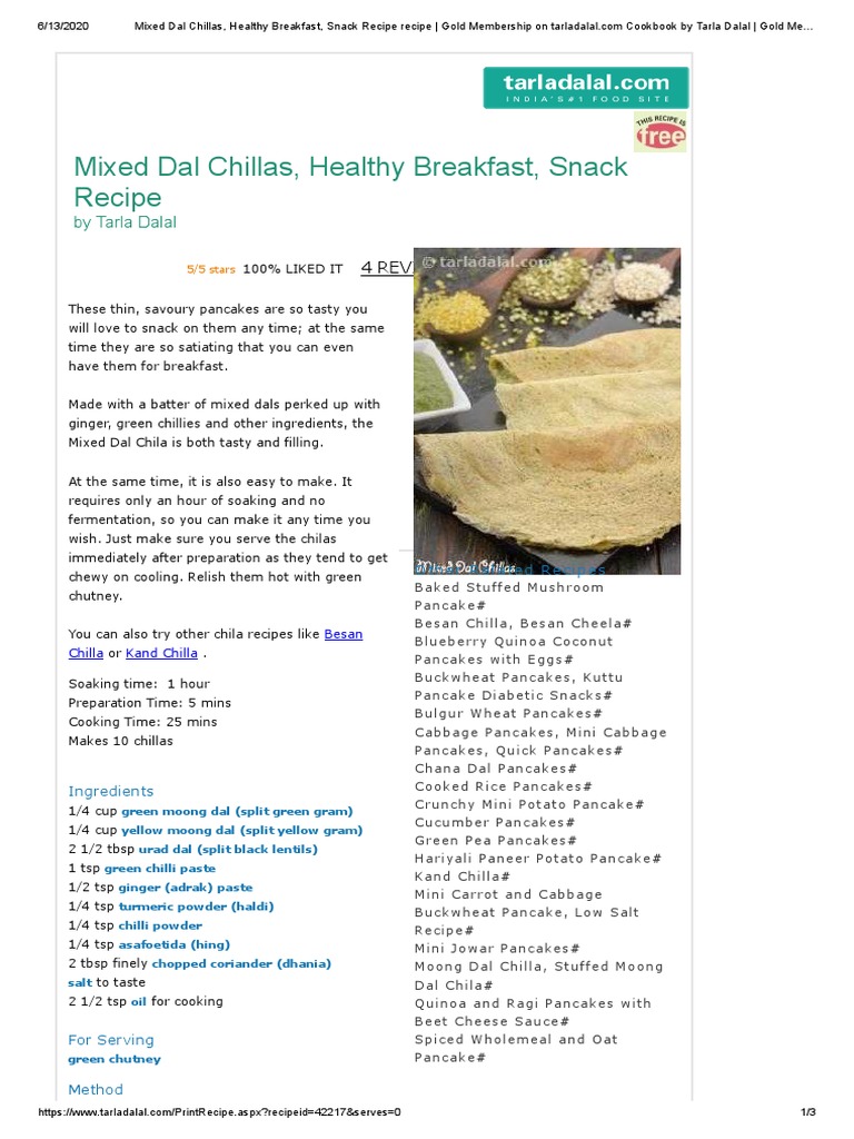 Mixed Dal Chillas, Healthy Breakfast, Snack Recipe by Tarla Dalal