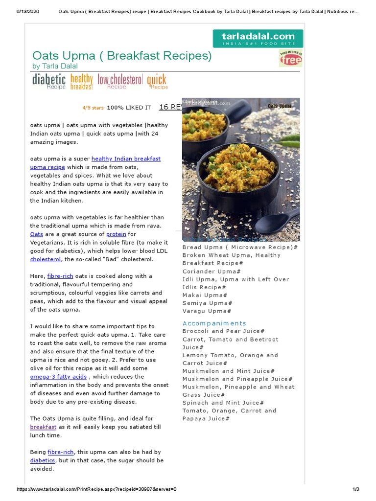 Oats Upma (Breakfast Recipes) : by Tarla Dalal | PDF | Curry | Coriander