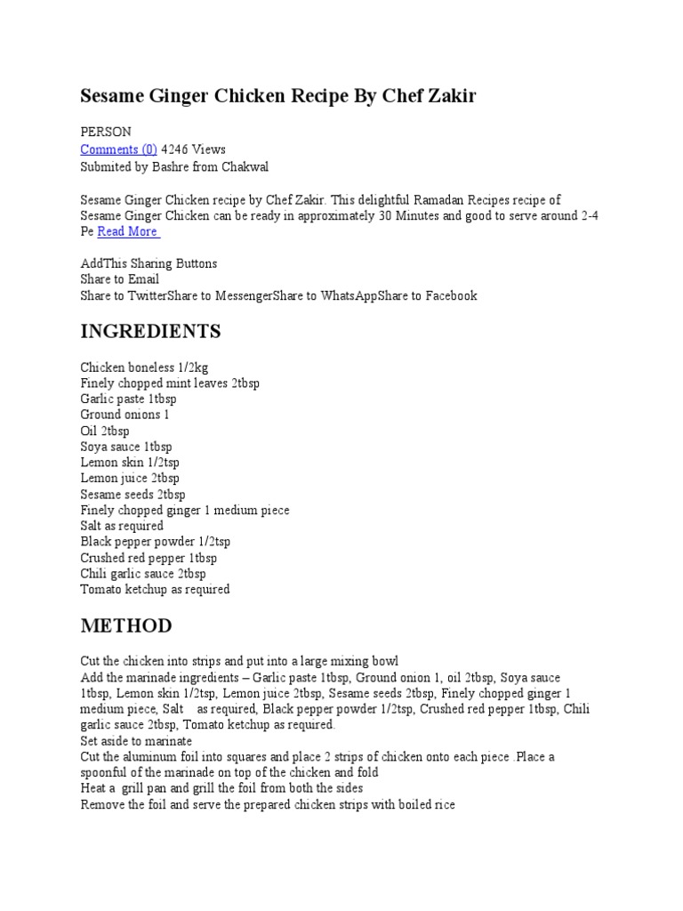 Sesame Ginger Chicken Recipe by Chef Zakir PDF