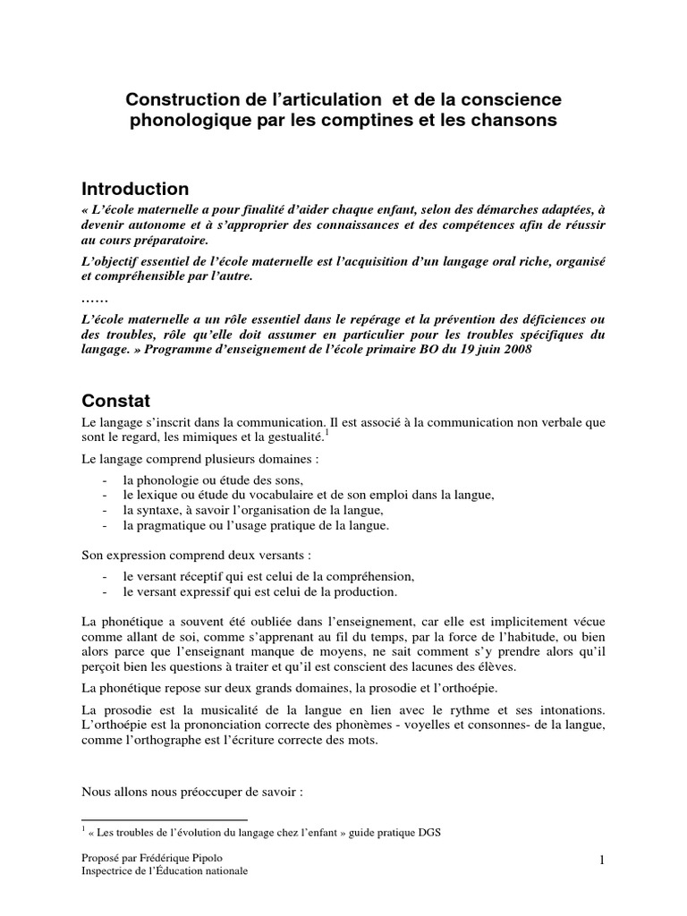 Comptines et conscience phonologique | PDF | Apprentissage de la ...