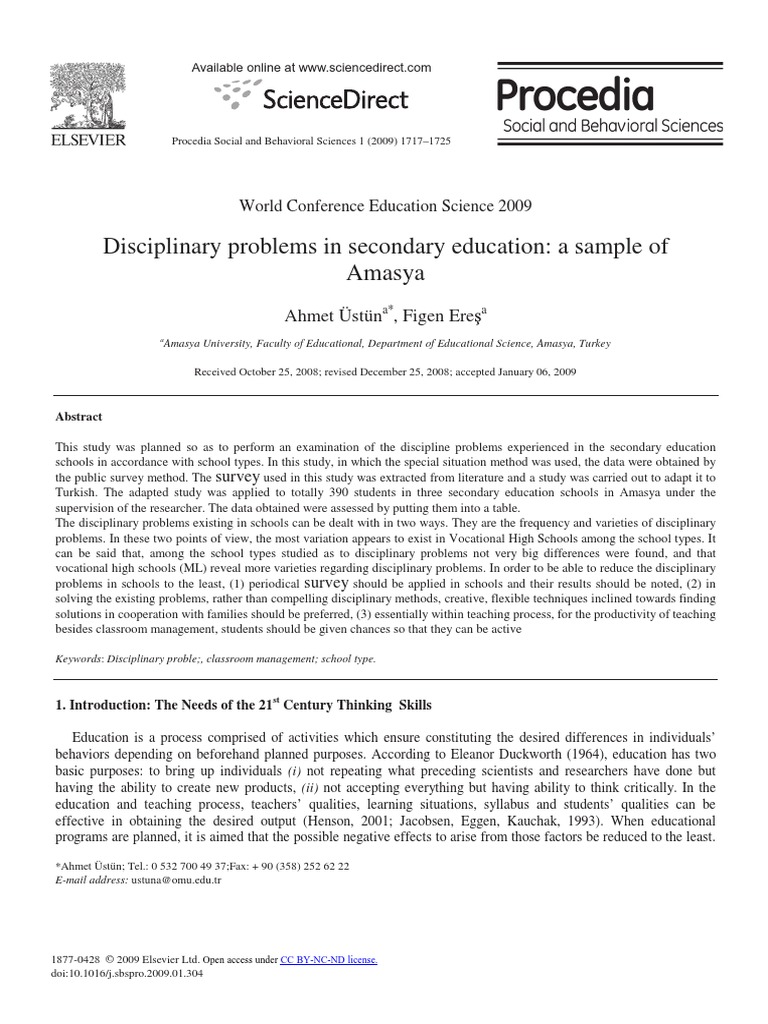 Disciplinary Problems in Secondary Education: A Sample of Amasya | PDF ...