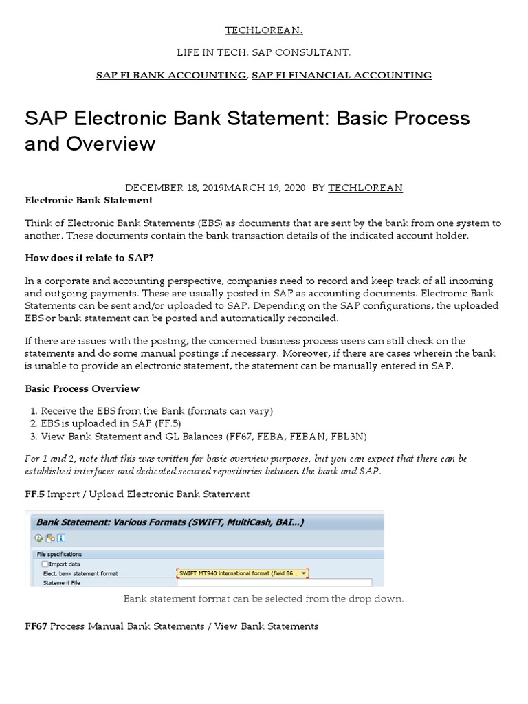 SAP Electronic Bank Statement Basic Process and Overview Techlorean PDF Banks