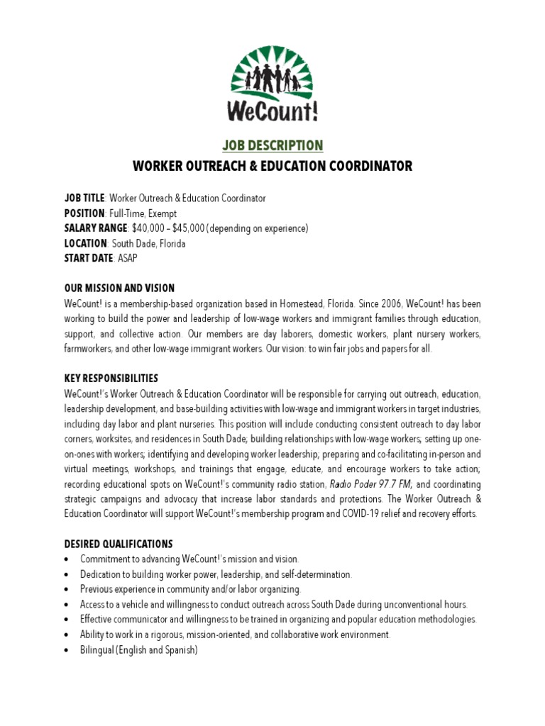 Worker Outreach & Education Coordinator Job Description PDF Sick