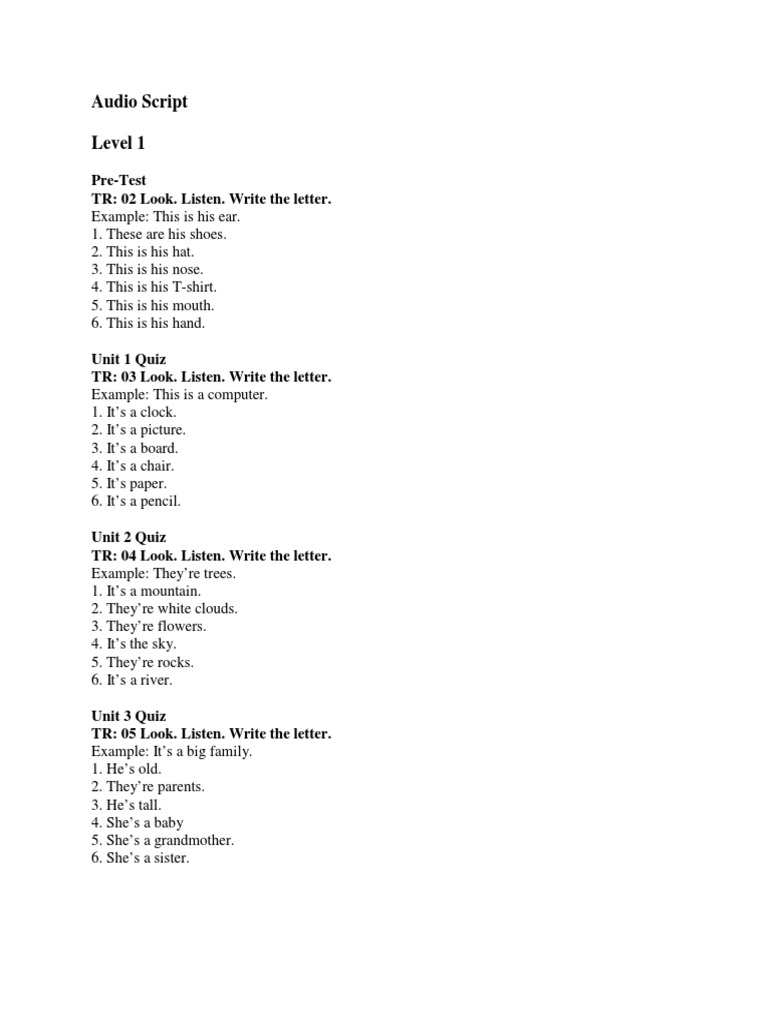 Audio Script Level 1 PreTest TR 02 Look. Listen. Write The Letter