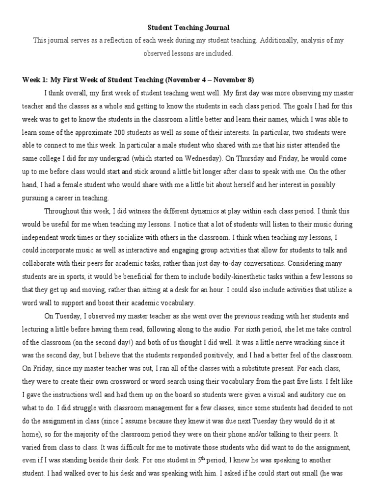 Student Teaching Journal PDF Classroom Teachers