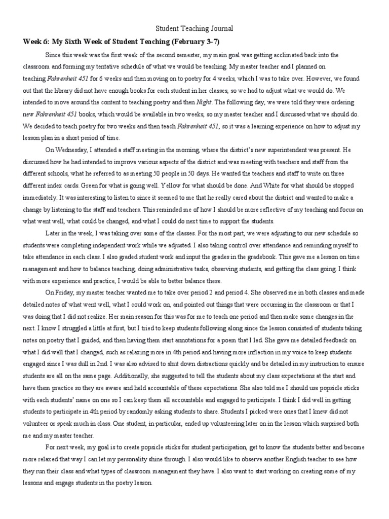Student Teaching Journal PDF Teachers Classroom