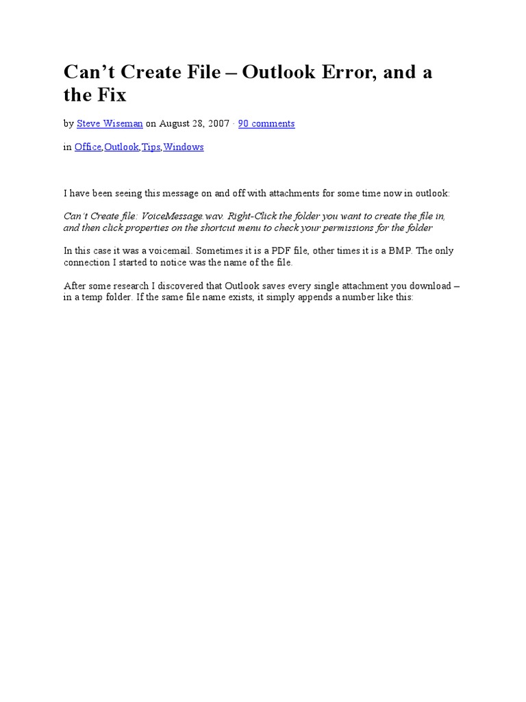 Can't Create File Outlook Error, and A The Fix Steve Wiseman 90