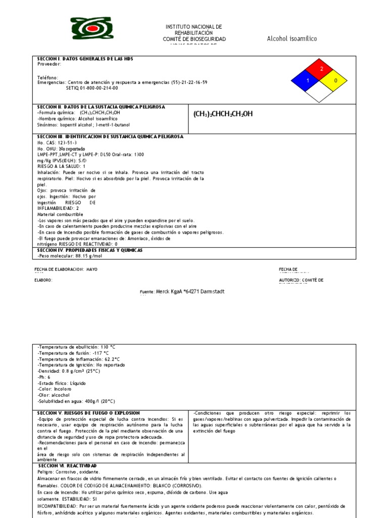 FICHA DE SEGURIDAD Alcohol Isoamilico Eduiw | PDF | Contaminación | Agua