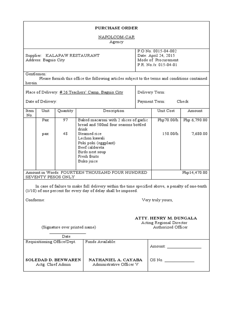 PO-Purchase Order CATERING | PDF | Asian Cuisine | Regional & Ethnic Food